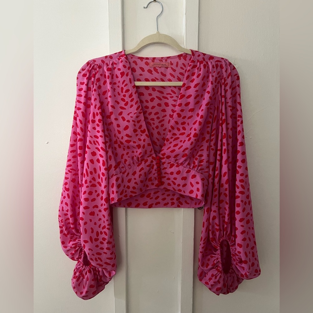 Cropped Pink Leopard Button Down Top with Balloon Sleeves